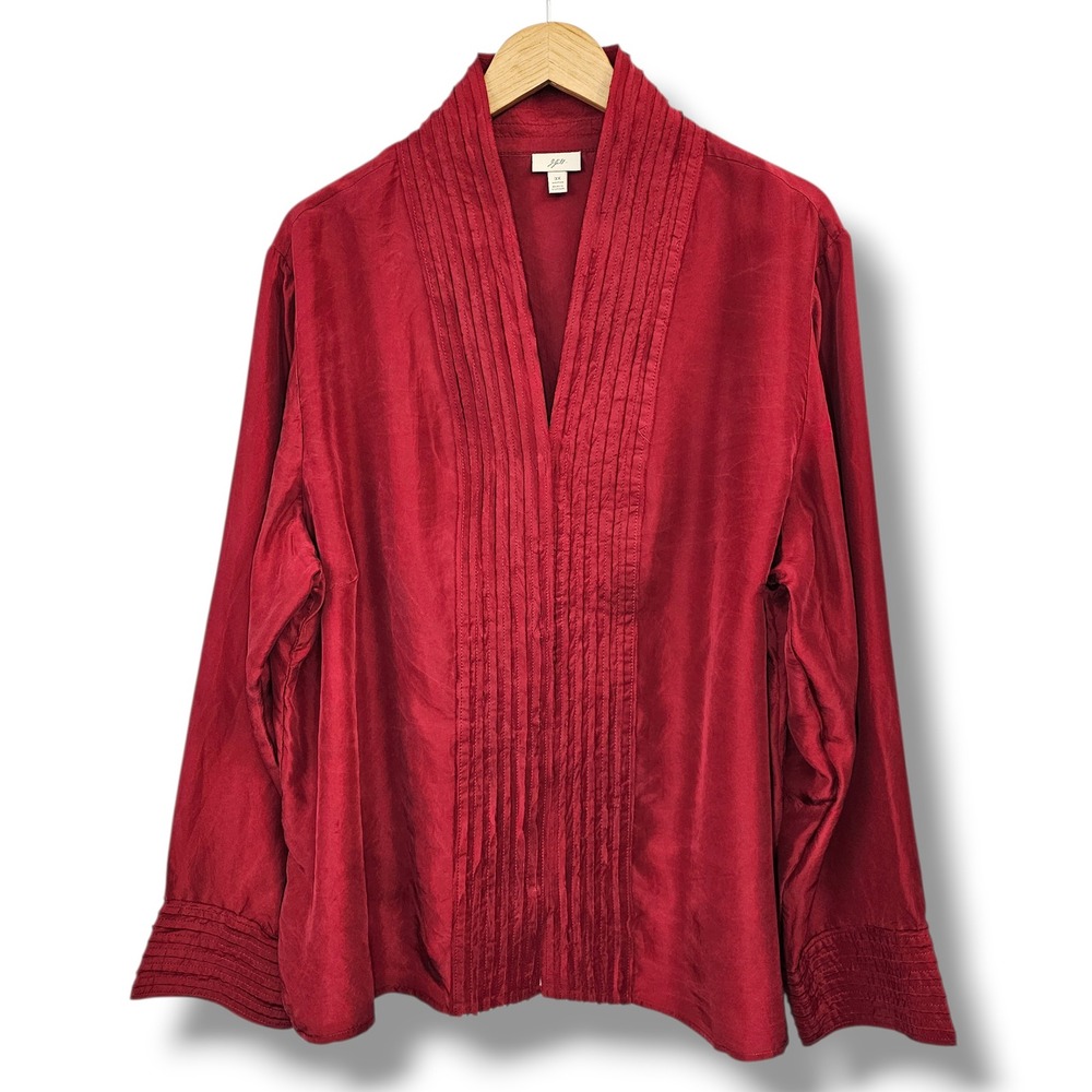 J Jill 100% Silk Red Pintuck Pleated Open Front Blouse 3X *Slight Flaws* Holiday